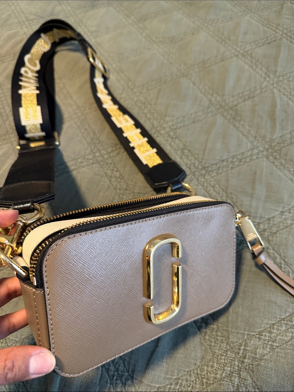 Marc Jacobs Taupe Crossbody Camera Bag with Black Branded Strap